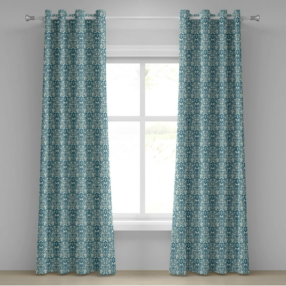 Ambesonne Ivory and Blue Grommet Curtain, Damask Flowers, 50" x 108", Petrol Blue and Ivory
