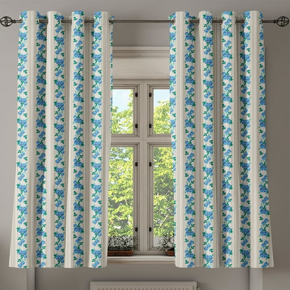 Ambesonne Ivory and Blue Grommet Curtain, Retro Stripes Roses, 50" x 54", Ivory Blue Green