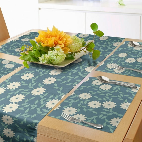Ambesonne Ivory and Blue Table Runner & Placemats, Chamomile Blossoms, Placemat 4 pcs + Runner 12"x90", Turquoise Teal and Ivory