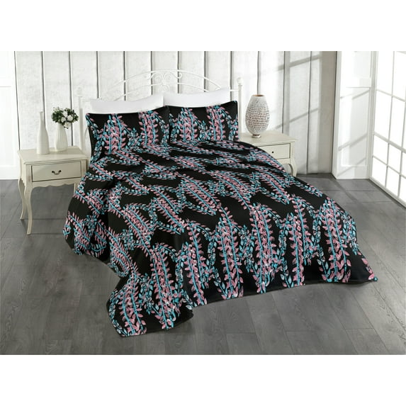 Ambesonne Ivy Leaves Quilted Bedspread Set 3 Pcs, Modern Fantasy Leaves, King, Aqua Pastel Pink