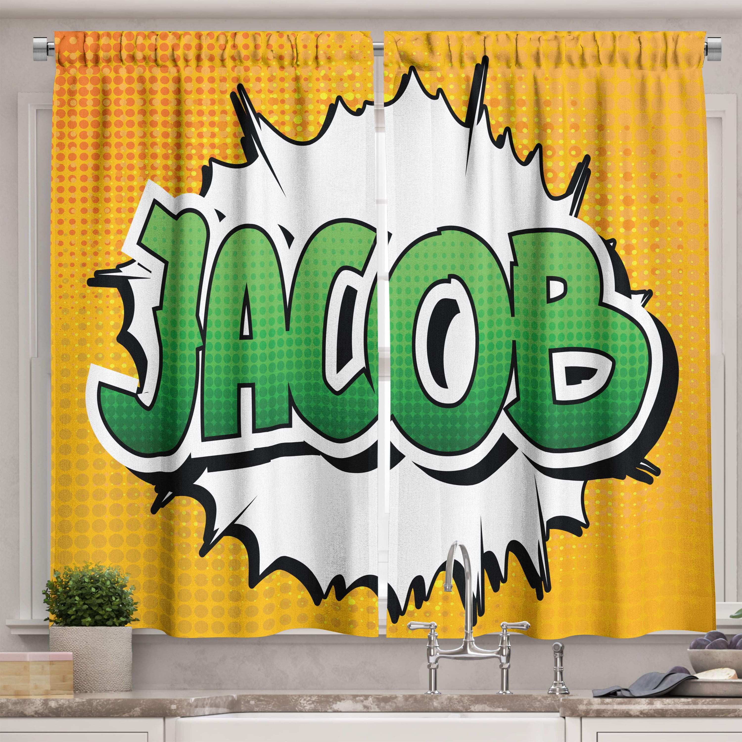 Ambesonne Jacob Kitchen Curtains, Male Name Comic Burst, 55"x45 ...