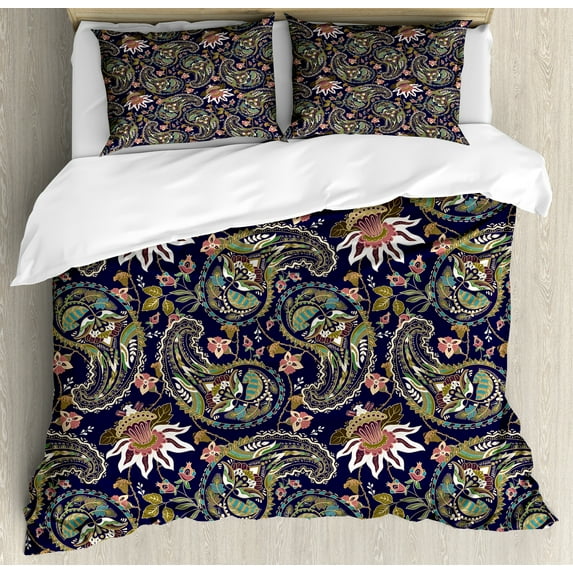 Ambesonne Jacobean Duvet Cover Sets, Paisley, 2-Queen, Indigo Multicolor