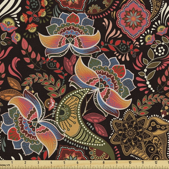 Ambesonne Jacobean Fabric by the Yard Upholstery, Jumble Warm Tone Floral, 10 Yards, Dark Brown Multicolor