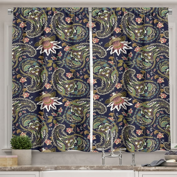 Ambesonne Jacobean Kitchen Curtains, Paisley, 55"x45", Indigo Multicolor