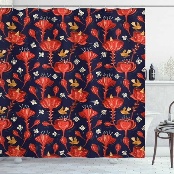 Ambesonne Jacobean Shower Curtain, Blooming Flowers and Birds, 69"Wx75"L, Indigo Vermilion