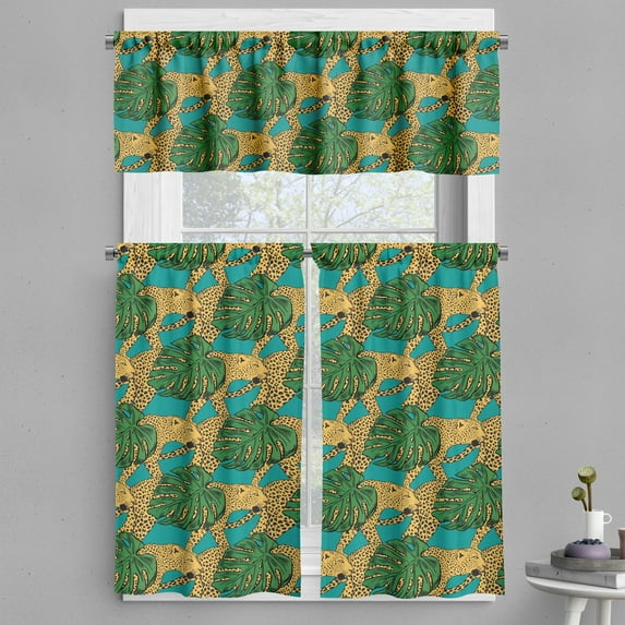 Ambesonne Jaguar Valance & Curtain, Animals and Monstera Leaves, 55"x24", Yellow Teal Green