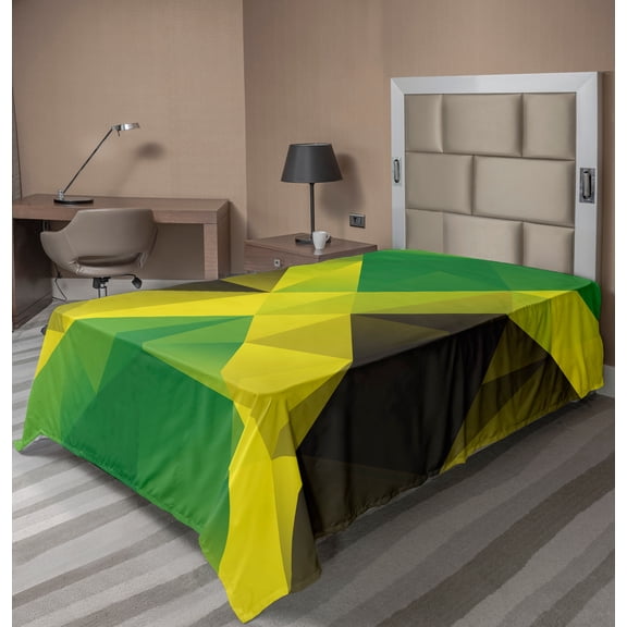 Ambesonne Jamaican Flat Sheet, Triangle Polygon Flag, TwinXL Size, Yellow Green Green Brown