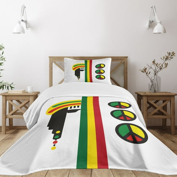 Ambesonne Jamaican Quilted Bedspread Set 2 Pcs, Minimalist Rastaman, Twin Size, Multicolor