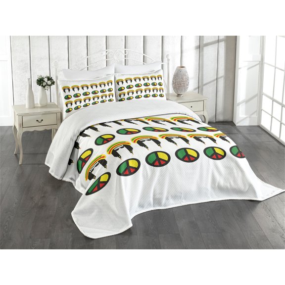 Ambesonne Jamaican Quilted Bedspread Set 3 Pcs, Colorful Reggae, Queen Size, Multicolor