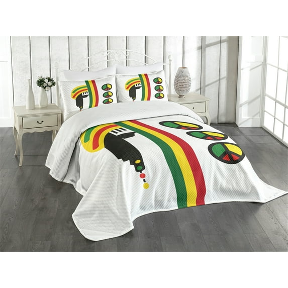 Ambesonne Jamaican Quilted Bedspread Set 3 Pcs, Minimalist Rastaman, King Size, Multicolor