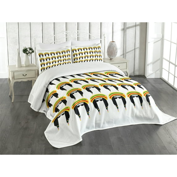 Ambesonne Jamaican Quilted Bedspread Set 3 Pcs, Rastafarian Dreadlocks, King Size, Multicolor