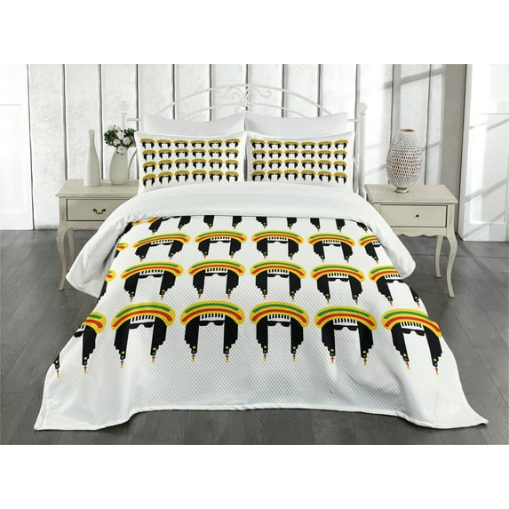 Ambesonne Jamaican Quilted Bedspread Set 3 Pcs, Rastafarian Dreadlocks, Queen Size, Multicolor
