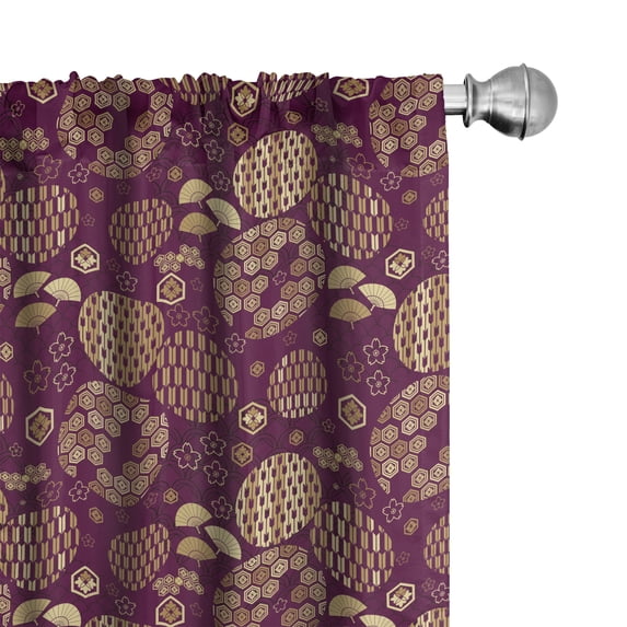 Ambesonne Japanese Window Curtains, Culture Hand Fans Pattern, Each 28" W x 63" L, Dark Magenta Sand Brown
