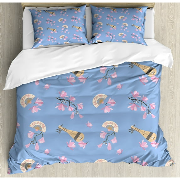 Ambesonne Japanese Art Duvet Cover Set, Music Biwa Blossoms, 2-Calking, Lavender Blue Pink Cream