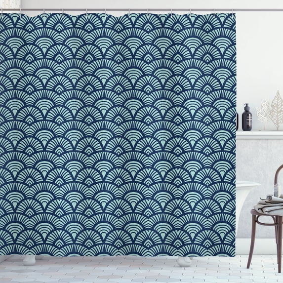 Ambesonne Japanese Art Shower Curtain, Fish Scale Lines Motif, 69"Wx84"L, Dark Teal