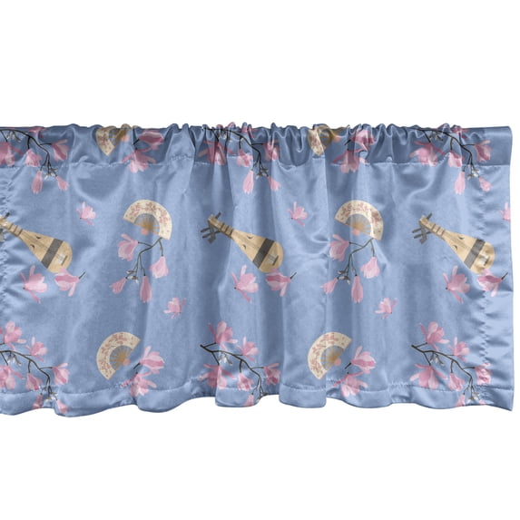 Ambesonne Japanese Art Window Valance, Music Biwa Blossoms, 42" x 18", Lavender Blue Pink Cream
