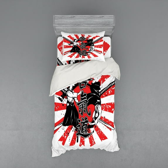 Ambesonne Japanese Bedding Set 3 Pcs, Ai o Samurai Fight, Twin XL, Orange Black White