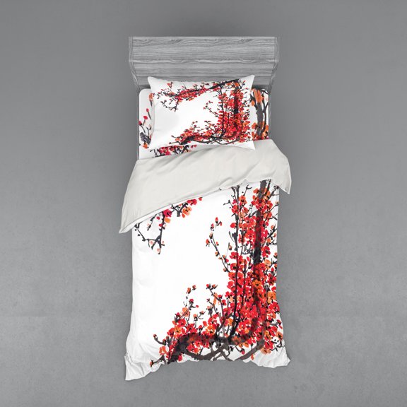 Ambesonne Japanese Bedding Set 3 Pcs, Blossom Cherry Sakura, Twin XL, Red and Brown