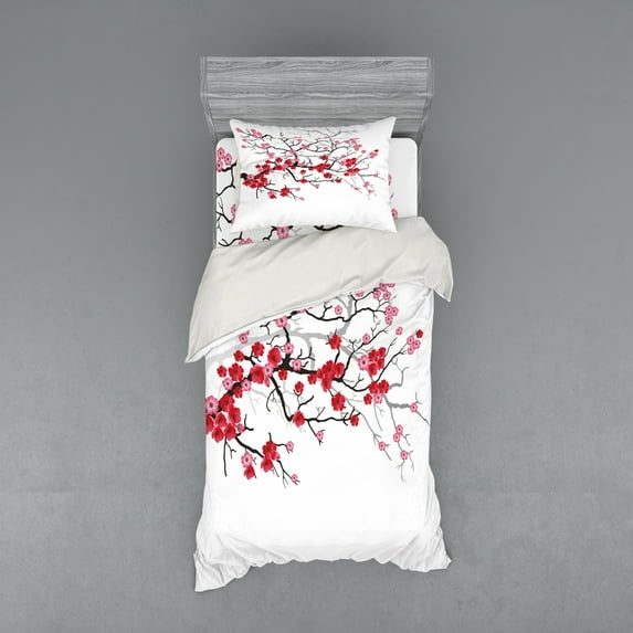 Ambesonne Japanese Bedding Set 3 Pcs, Blossoms Sakura Plant, Twin, Dark Brown Dark Coral
