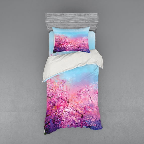 Ambesonne Japanese Bedding Set 3 Pcs, Cherry Spring Theme, Twin XL, Purple Pale Blue