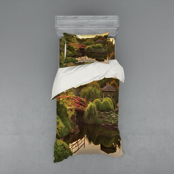 Ambesonne Japanese Bedding Set 3 Pcs, Garden Asia Peace, Twin, Green Yellow