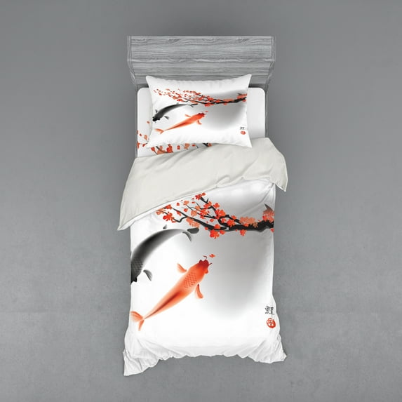 Ambesonne Japanese Bedding Set 3 Pcs, Koi Carp Fish Couple, Twin XL, Orange Grey