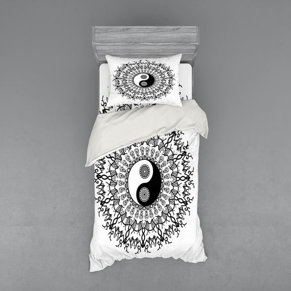 Ambesonne Japanese Bedding Set 3 Pcs, Mandala Vintage Boho, Twin XL, Black White