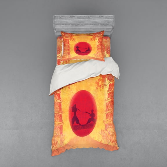 Ambesonne Japanese Bedding Set 3 Pcs, Ninjas Vintage Sunset, Twin, Mustard and Purple