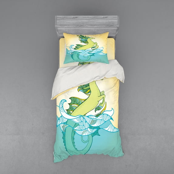 Ambesonne Japanese Bedding Set 3 Pcs, Pastel Tone Water Creature, Twin XL, Green Blue