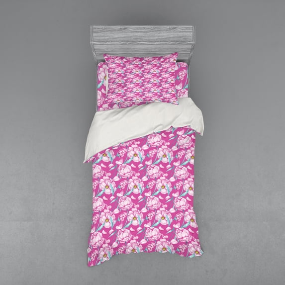 Ambesonne Japanese Bedding Set 3 Pcs, Peony Romantic Flower, Twin XL, Hot Pink