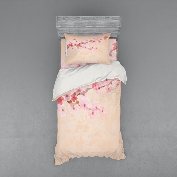 Ambesonne Japanese Bedding Set 3 Pcs, Pink Cherry Blossoms, Twin, Soft Pink