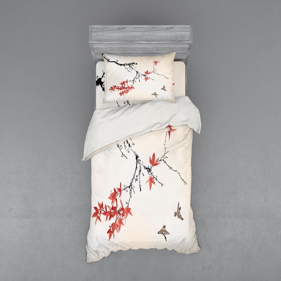 Ambesonne Japanese Bedding Set 3 Pcs, Romantic Spring Theme, Twin, Black and Coral
