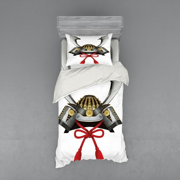 Ambesonne Japanese Bedding Set 3 Pcs, Samurai Kabuto, Twin, Grey Vermilion Yellow