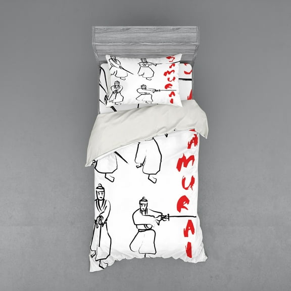 Ambesonne Japanese Bedding Set 3 Pcs, Samurai Katana, Twin, Red Black