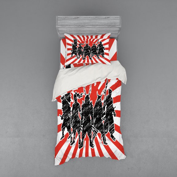 Ambesonne Japanese Bedding Set 3 Pcs, Samurai Ninja Retro, Twin XL, Red Black