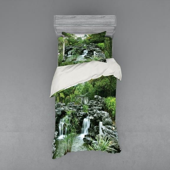 Ambesonne Japanese Bedding Set 3 Pcs, Style Garden, Twin, Green White