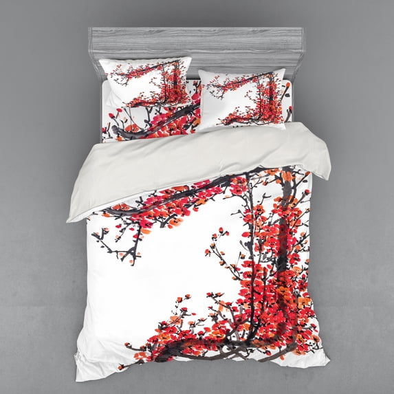 Ambesonne Japanese Bedding Set 4 Pcs, Blossom Cherry Sakura, Queen, Red and Brown