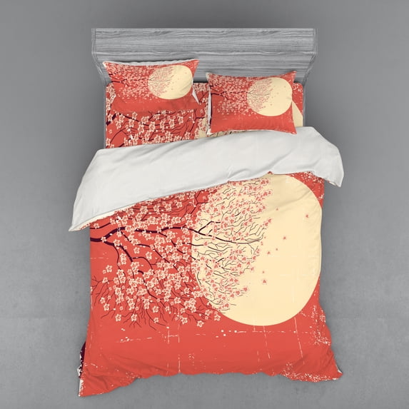 Ambesonne Japanese Bedding Set 4 Pcs, Cherry Sakura Blossoms, Queen, Coral Pale Yellow Plum