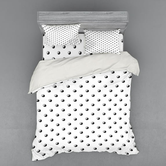 Ambesonne Japanese Bedding Set 4 Pcs, Polka Dots Yin Yang, Queen, White Black