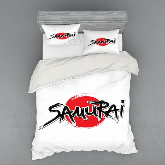 Ambesonne Japanese Bedding Set 4 Pcs, Samurai Lettering Sun, Queen, Red Black