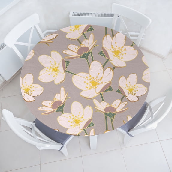 Ambesonne Japanese Boho Fitted Round Tablecloth, Springtime Art Sakura, 45"- 56" Diameter, Pale Purpleblue Blush