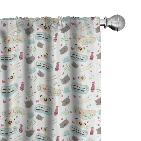 Ambesonne Japanese Cat Window Curtains, I Love Sushi Doodle, Each 28" W x 84" L, Champagne Taupe Grey