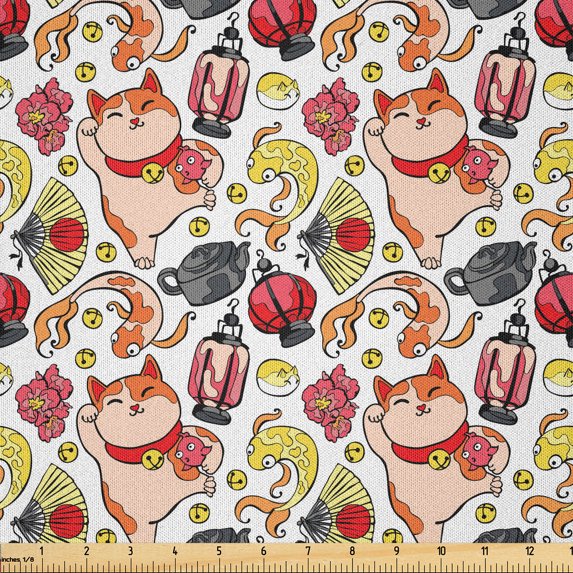 Ambesonne Japanese Cat Fabric by the Yard Microfiber, Fortune Elements, 3 Yards, Vermilion Champagne