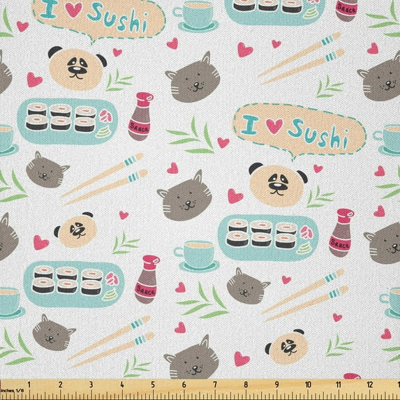 Ambesonne Japanese Cat Fabric by the Yard Microfiber, I Love Sushi Doodle, 5 Yards, Champagne Taupe Grey