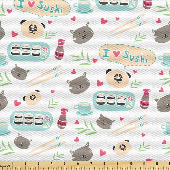 Ambesonne Japanese Cat Fabric by the Yard Upholstery, I Love Sushi Doodle, 2 Yards, Champagne Taupe Grey