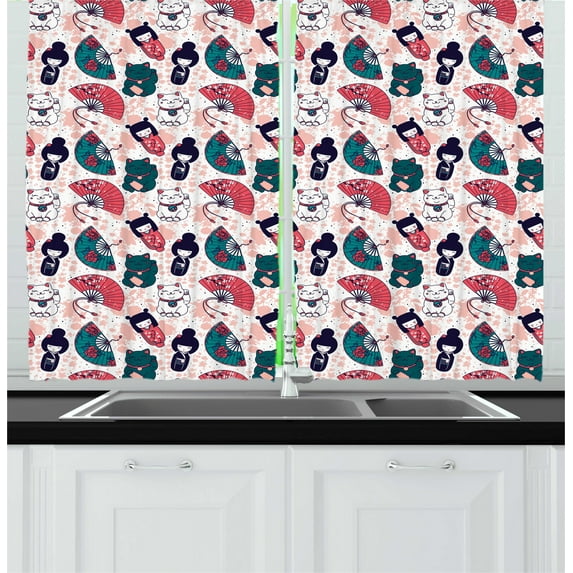 Ambesonne Japanese Cat Kitchen Curtains, Luck Items Pattern, 55"x45", Blush Multicolor