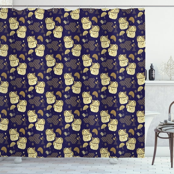 Ambesonne Japanese Cat Shower Curtain, Night Theme Lucky Asia, 69"Wx75"L, Pale Brown Pale Camel