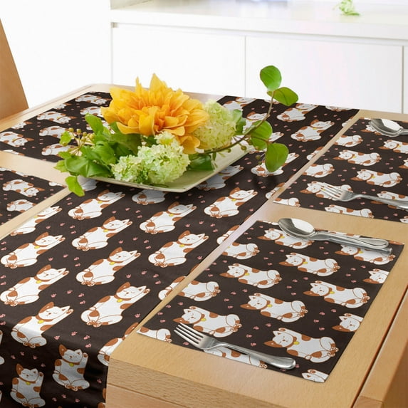 Ambesonne Japanese Cat Table Runner & Placemats, Calm Cat Maneki Neko, Placemat 4 pcs + Runner 12"x90", Grey Multicolor