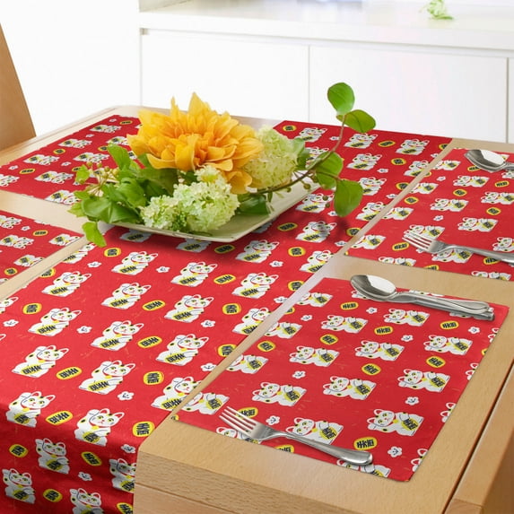 Ambesonne Japanese Cat Table Runner & Placemats, Luck Cat on Warm Back, Placemat 4 pcs + Runner 14"x90", Vermilion White
