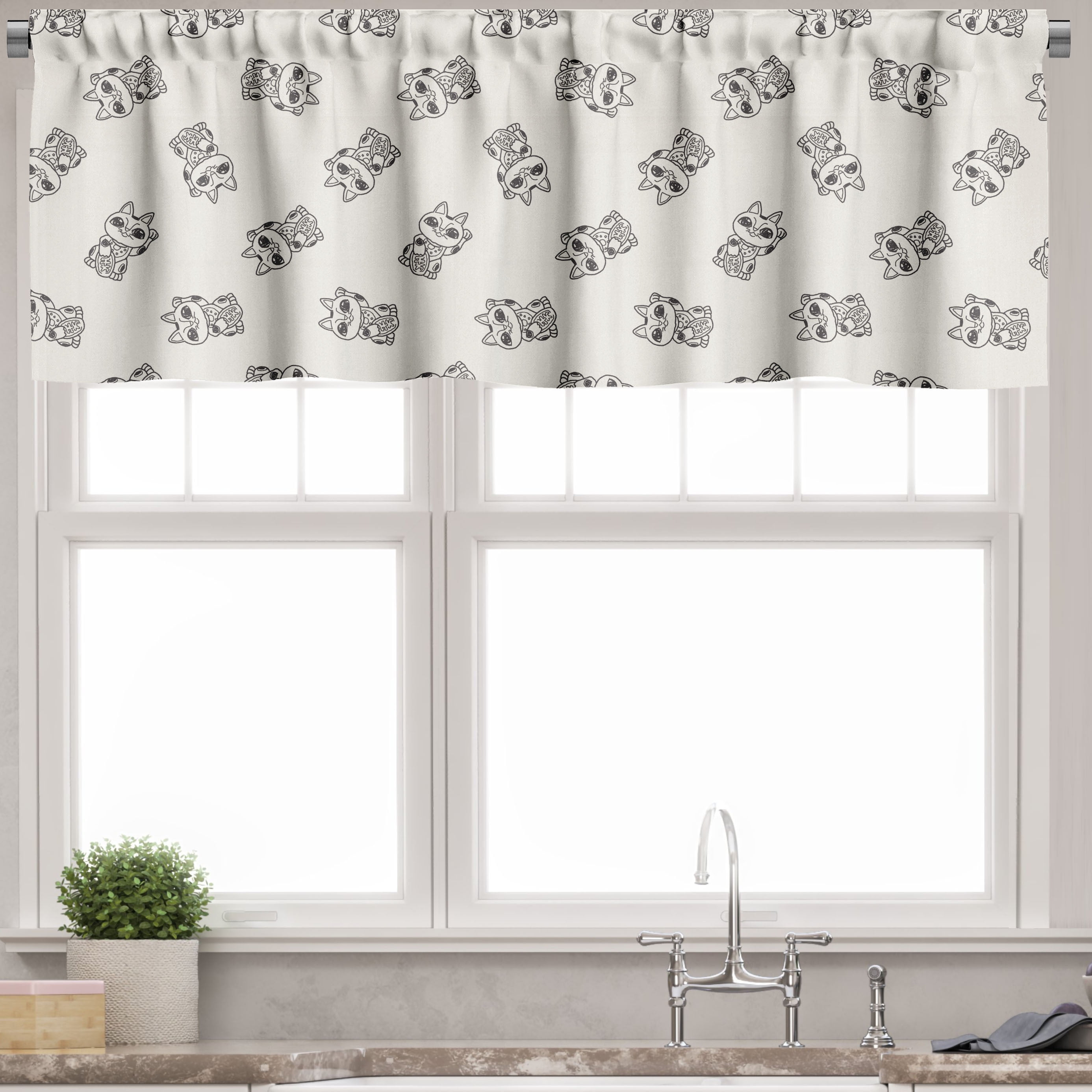 Eggshell and Grey Satin Polyester Cat Print Valance Set